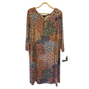 3/4 Sleeve Dress MSK Women 2X Multicolor Paisley Print Gold Ring Detail